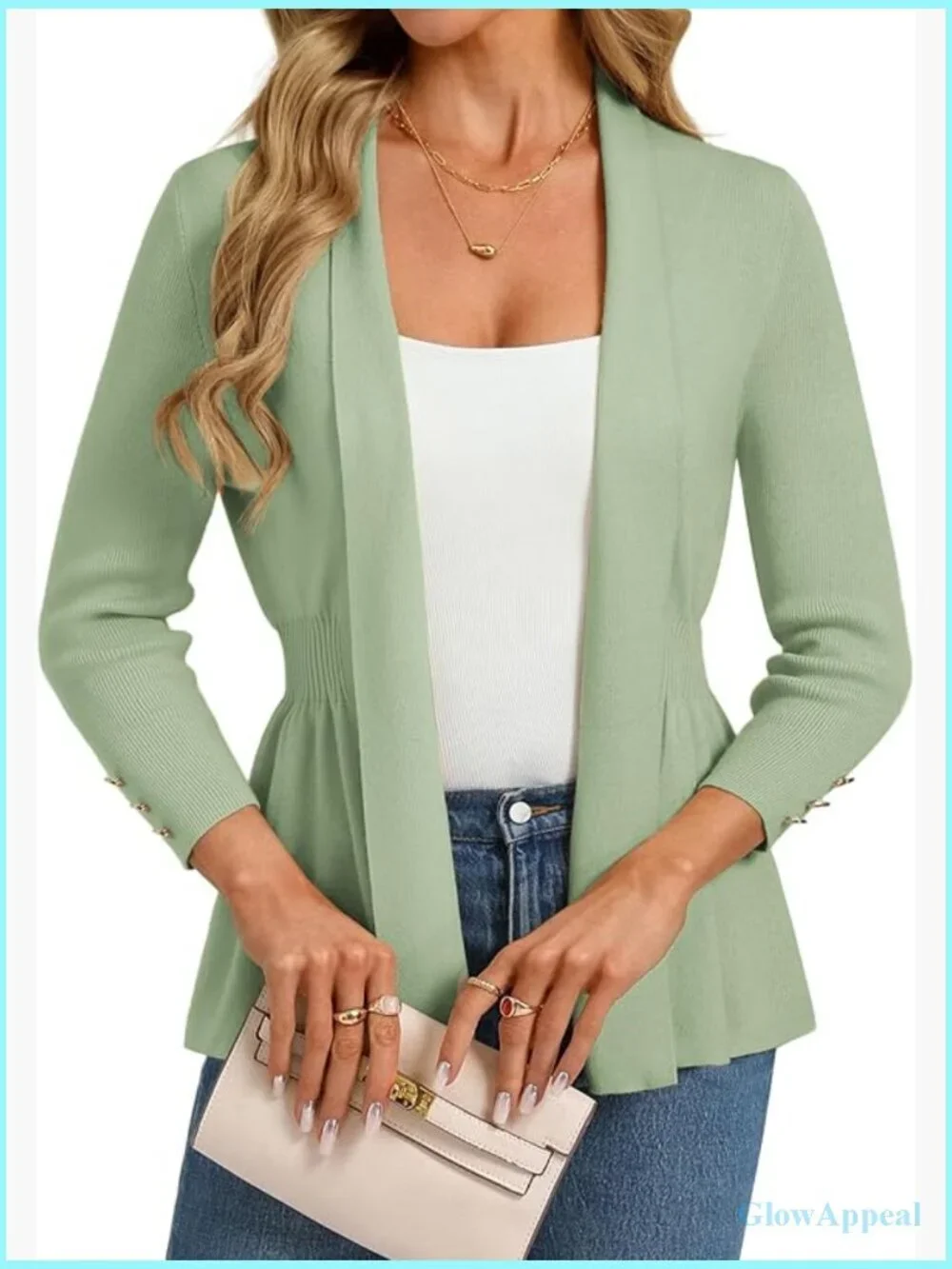 Lightweight Knit Cardigan Open Front Peplum Top 3/4 Sleeve V-Neck